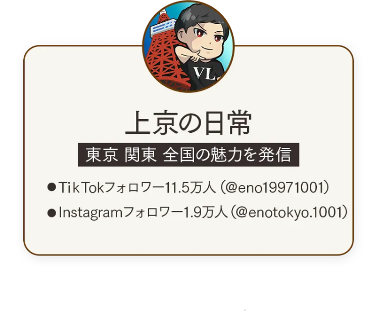 VL
上京の日常
東京 関東 全国の魅力を発信
●TikTokフォロワー11.5万人 (@eno19971001)
●Instagramフォロワー1.9万人 (@enotokyo.1001)